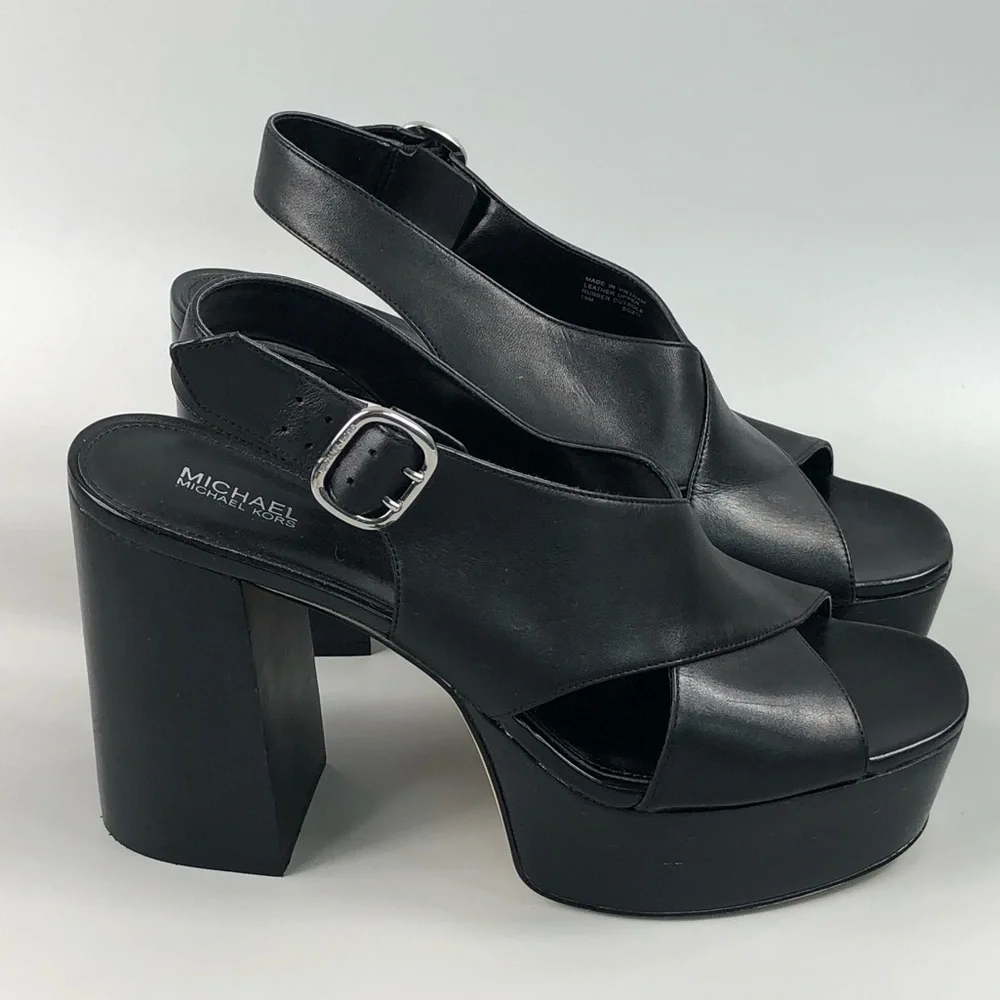 MICHAEL Michael Kors Black Leather Platform Slingback Sandals - Picture 2 of 11